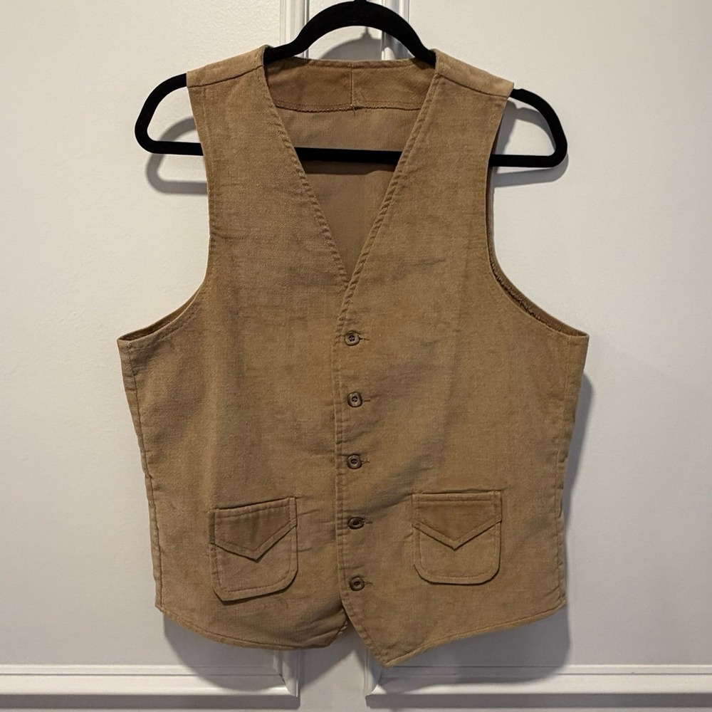 Vintage Angels Flight Tan Corduroy Vest Size‎ 42 L Button Front Flap Pockets